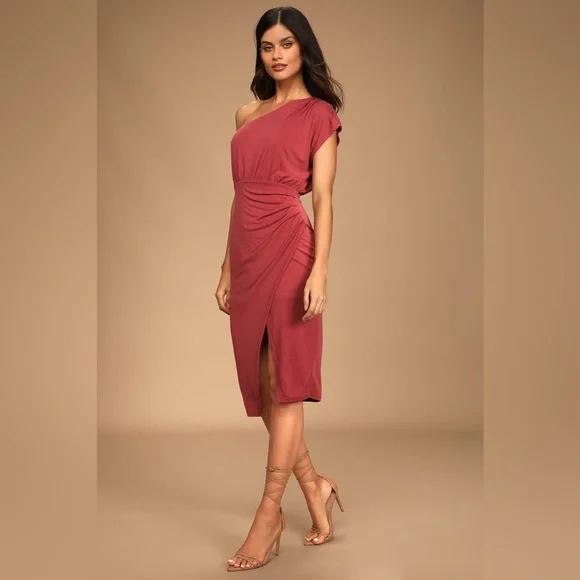 Lulu's Raise a Glass One Shoulder Midi Dress Size S Wedding Cocktail Rusty Rose - Picture 2 of 13